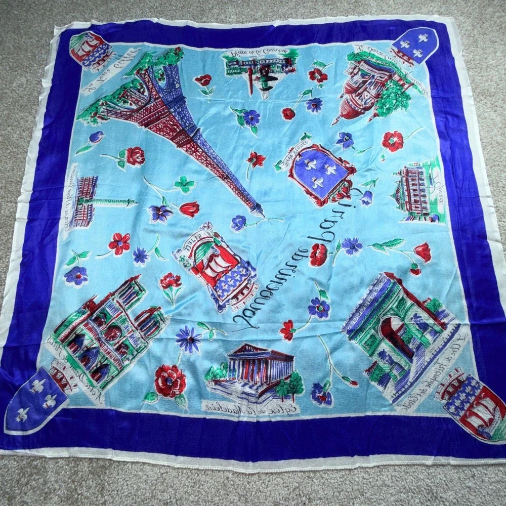 Vintage Souvenir de Paris Scarf Blue Eiffel Tower Notre Dame Landmarks